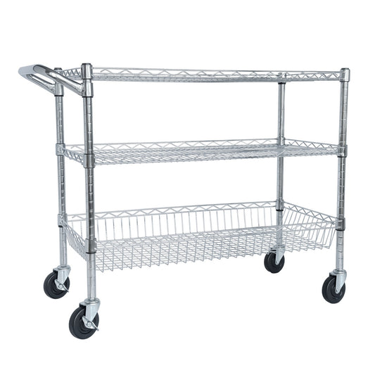 US Local Heavy Duty Rolling Utility Cart,3 Tier Rolling Carts With Wheels,with Handle Bar  Shelf Liners,36X18X32  Storage Cart For Kitchen,Restaurant,Plant Display,Chrome