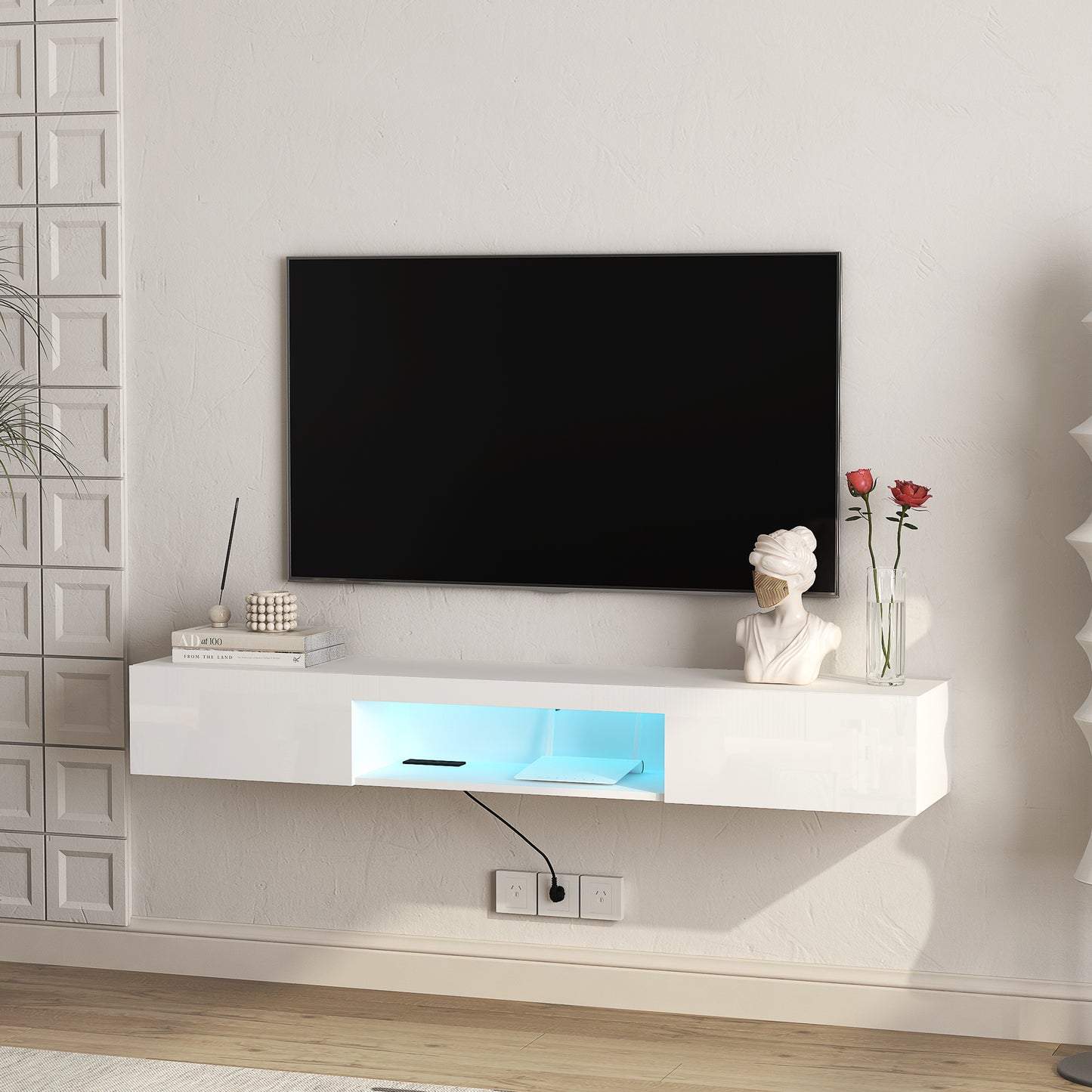 US Local Floating TV Stand Wall Mounted With 16 Color LEDs, Modern TV Stand,Floating TV Cabinet Entertainment Center For 55 60 65 Inch TV,White