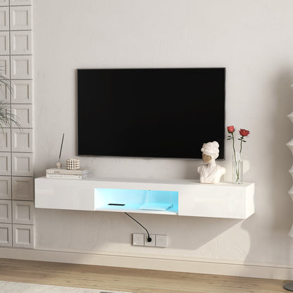 US Local Floating TV Stand Wall Mounted With 16 Color LEDs, Modern TV Stand,Floating TV Cabinet Entertainment Center For 55 60 65 Inch TV,White