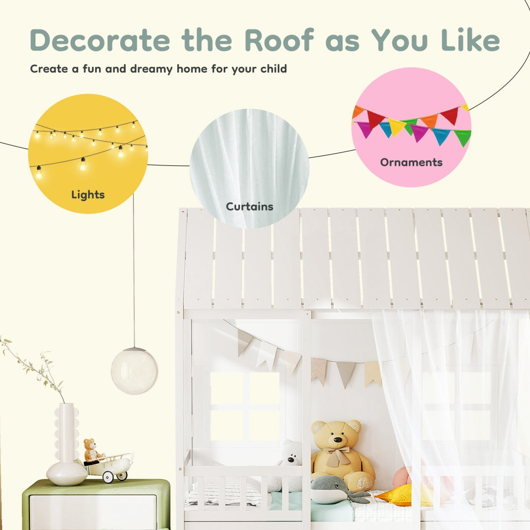 US Local Twin House Bed With Trundle, 77.95'' Wooden Playhouse Bed Frame For Kids With Safety Rails & Window--A-B Combo Sale, Please Do Not Purchase Individually