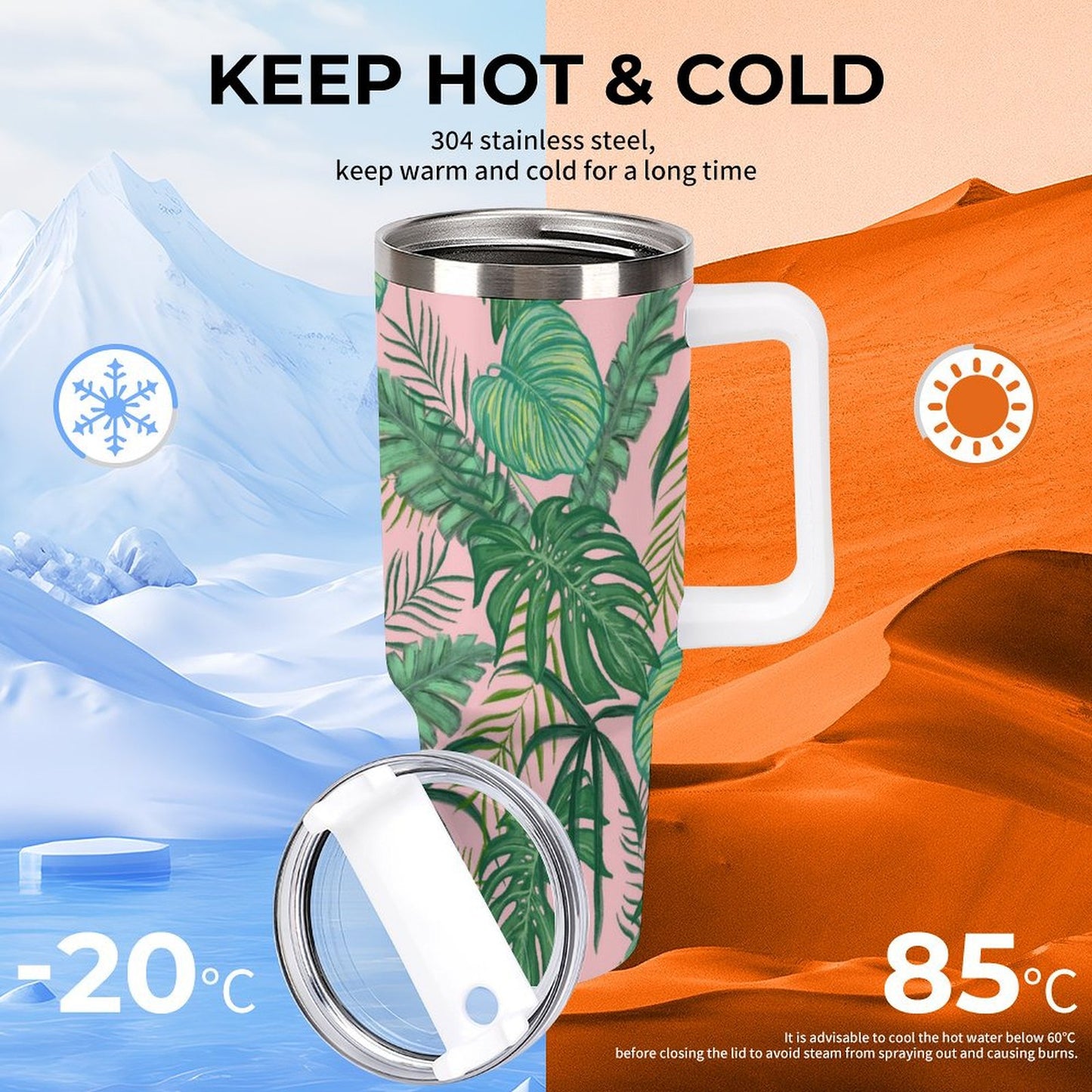 PHDT00047 POD US Local Tumbler 40 oz Large Capacity Car Cup Tropical, Monstera, Pink, Greenery