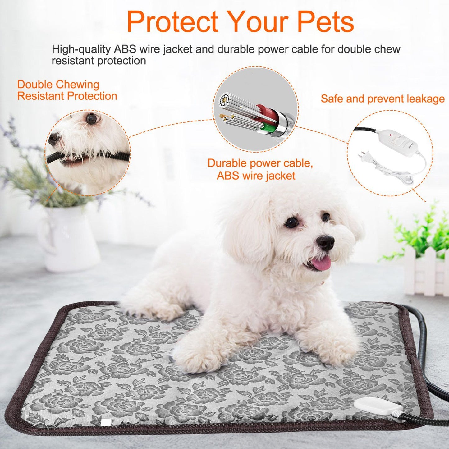 US Local 1 Pc Pet Heating Pad Dog Cat Electric Heating Mat Waterproof Adjustable Warming Blanket With Chew Resistant Steel Cord Case