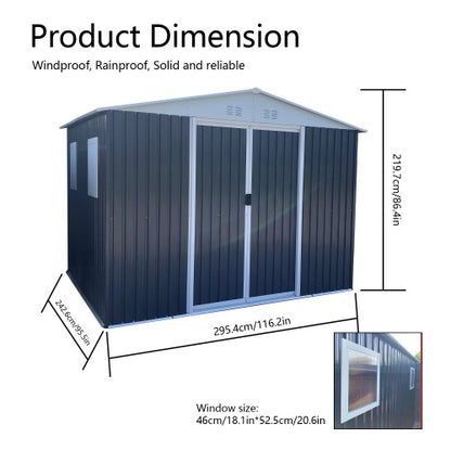 US Local Metal Anti-Corrosion Utility Tool House With Lockable Door, Garden Shed 10FTx8FT Apex Roof Grey With Windows And Aluminum Alloy Frame