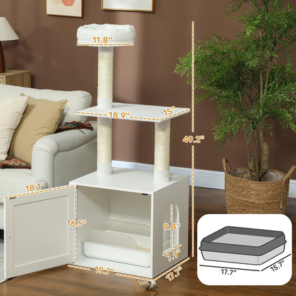US Local Cat Tree With Litter Box Enclosure, Scratching Posts, Bed, Climbing Platforms For Indoor Cats, White