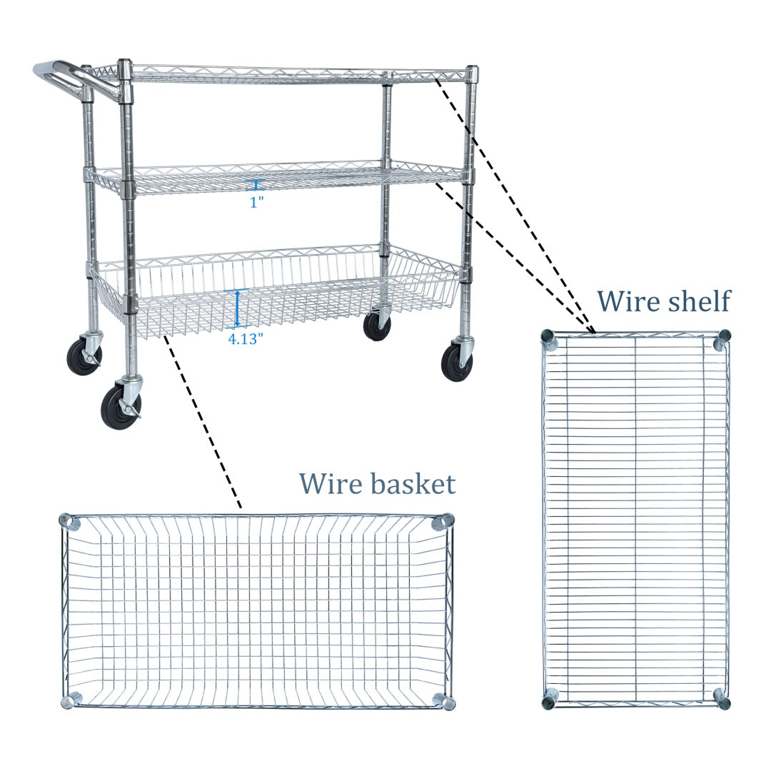 US Local Heavy Duty Rolling Utility Cart,3 Tier Rolling Carts With Wheels,with Handle Bar  Shelf Liners,36X18X32  Storage Cart For Kitchen,Restaurant,Plant Display,Chrome