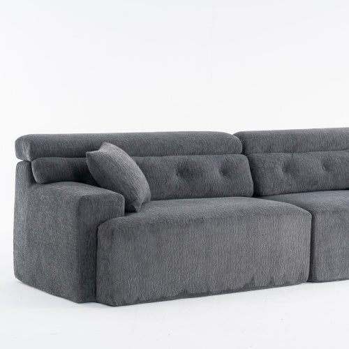 US Local LY-029 GRAY COMPRESSION SOFA 4-seater Combined Sofa, Wood Grain Chenille Fabric, Full Sponge Compression Sofa,combined Sofa With 2 Pillows For Living  Home Furniture  Apartment