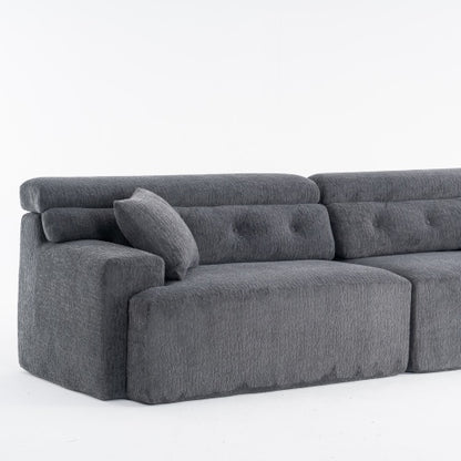 US Local LY-029 GRAY COMPRESSION SOFA 4-seater Combined Sofa, Wood Grain Chenille Fabric, Full Sponge Compression Sofa,combined Sofa With 2 Pillows For Living  Home Furniture  Apartment