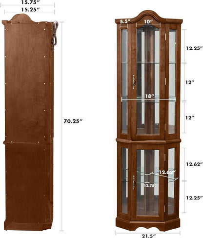 US Local Corner Curio Cabinet With Lights, Adjustable Tempered Glass Shelves, Mirrored Back, Display Cabinet,