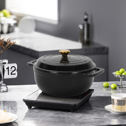 US Local 6QT Cast Iron Dutch Oven With Lid - Black Enamel Cooking Pot For Stovetop, Oven, Camping - Includes 2 Silicone Heat-Resistant Gloves