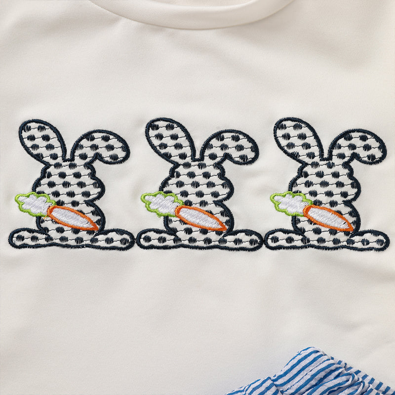 US Local Toddler Casual 2-Piece Set, Bunny & Carrot Embroidered Short Sleeve T-Shirt With Striped Pocket Shorts