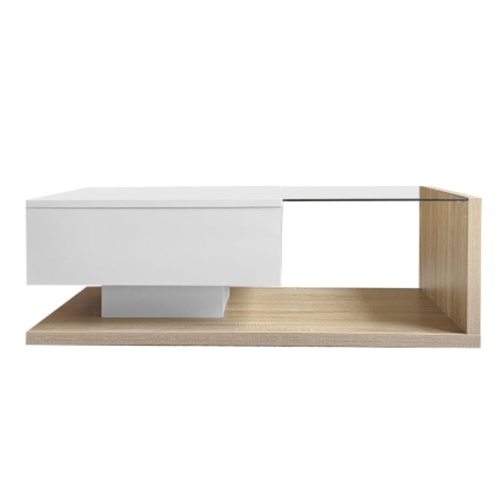 UK Local Coffee Table In High Gloss White And Wood Color Combination. Side Tables, Coffee Tables With Glass And LED