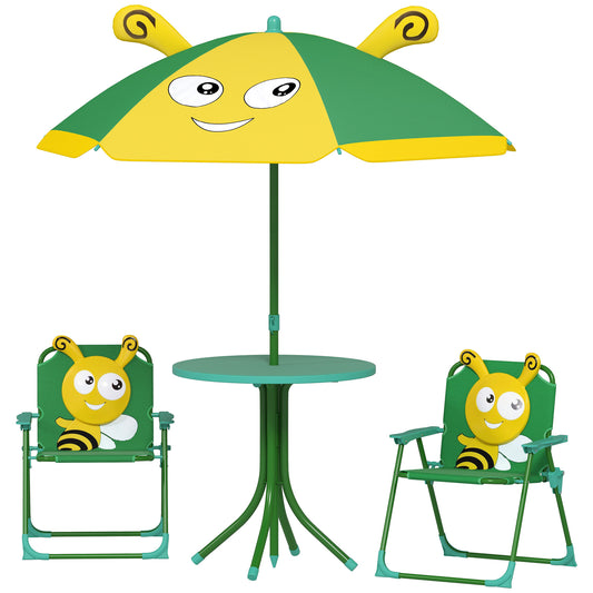 US Local Kids Picnic Table And Chair Set, Outdoor Activity Table With Foldable Chairs, Height Adjustable Umbrella, Green