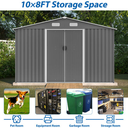 US Local 10X8 FT Outdoor Storage Shed, Metal Foundation & Lockable Doors, Tool Shed For Garden, Patio, Backyard, Lawn, Grey