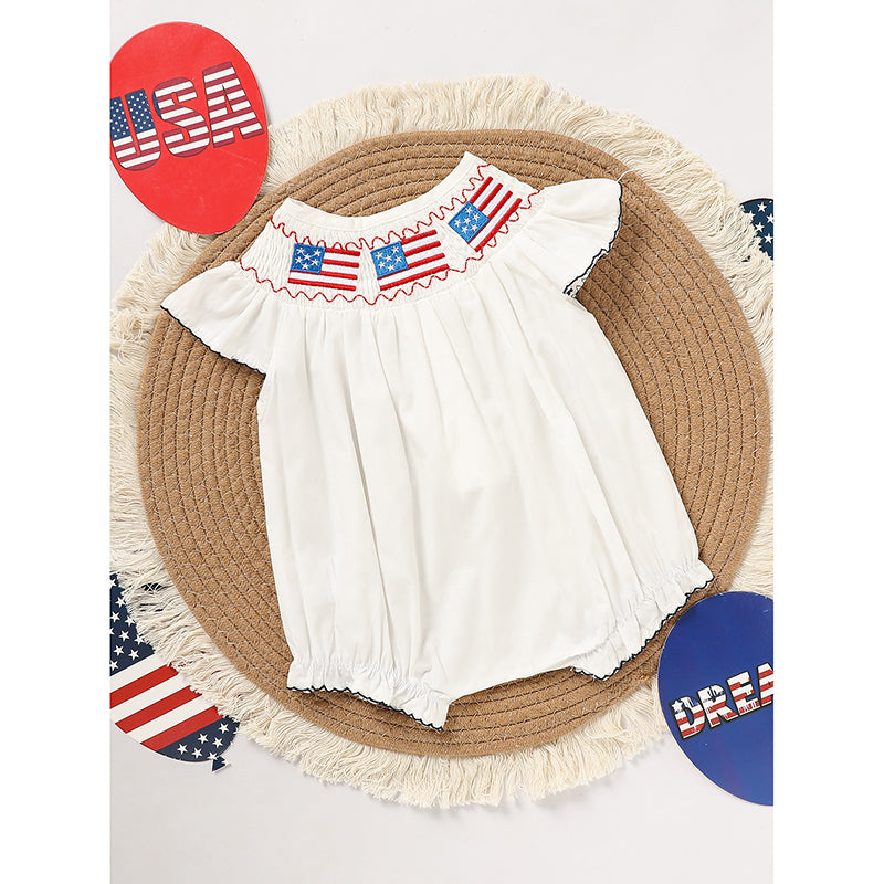 US Local Baby Girl 4th Of July Bubble Romper, Smocked Fly Sleeve Bodysuit With American Flag Embroidery