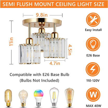 US Local Modern Semi Flush Mount Ceiling Light,3-Light Crystal Close To Ceiling Light Fixtures,Golden Kitchen