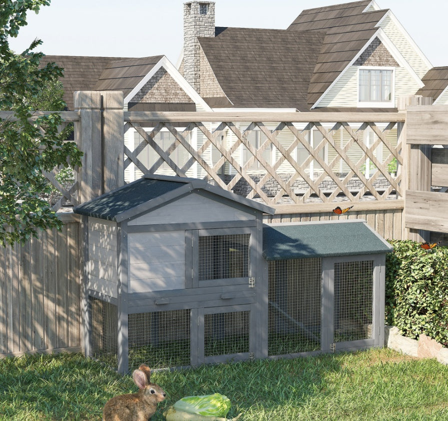 US Local Outdoor Rabbit Hutch Wooden Bunny Cage Guinea Pig House With Run Area Removable Tray Asphalt Roof Lockable Doors Ramp Gray