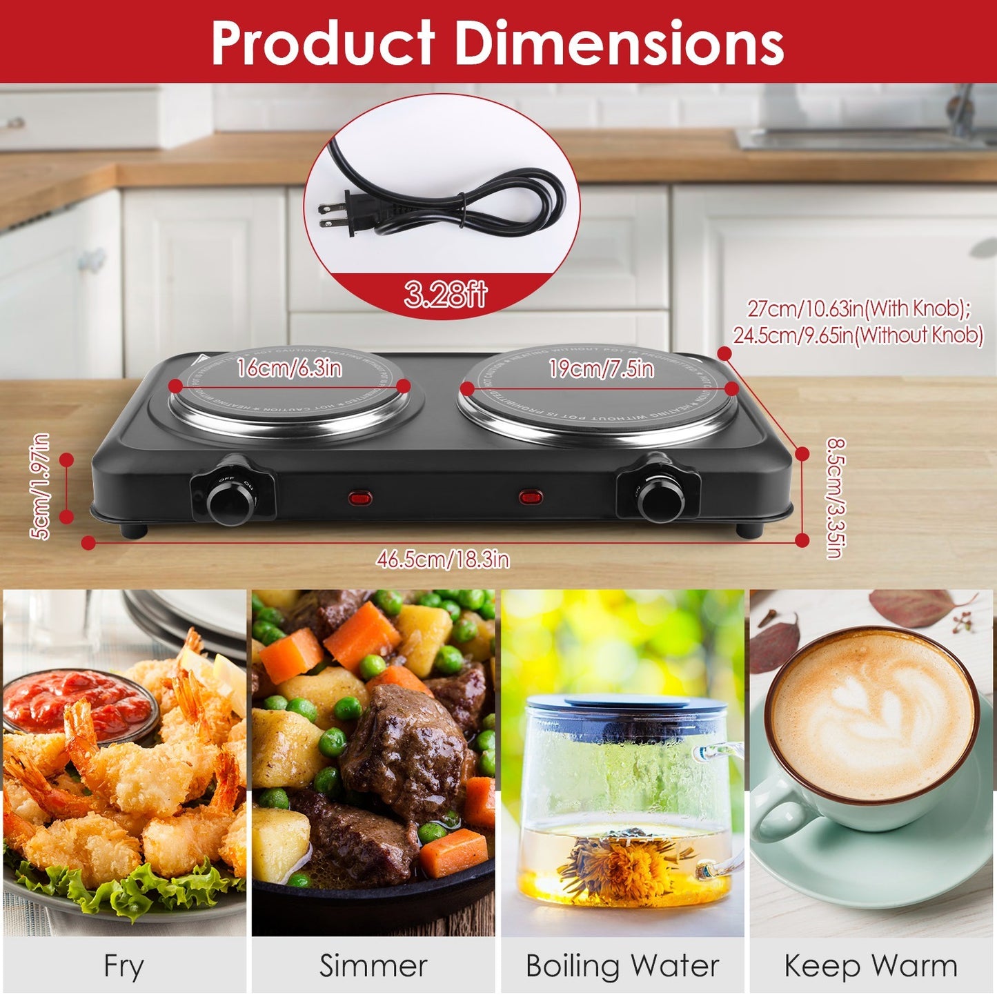 US Local 1Pc 2000W Electric Infrared Dual Burner Portable Heating Hot Plate Stove Countertop RV Hotplate With Glass Cooktop Stepless Temperature Adjustments For Home RV Camp