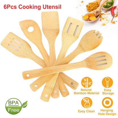 US Local Set Of 6Pcs Cooking Utensil Bamboo Wooden Spoons Spatula Kitchen Cooking Tools Nonstick Wooden Cookware Kitchen Gadgets
