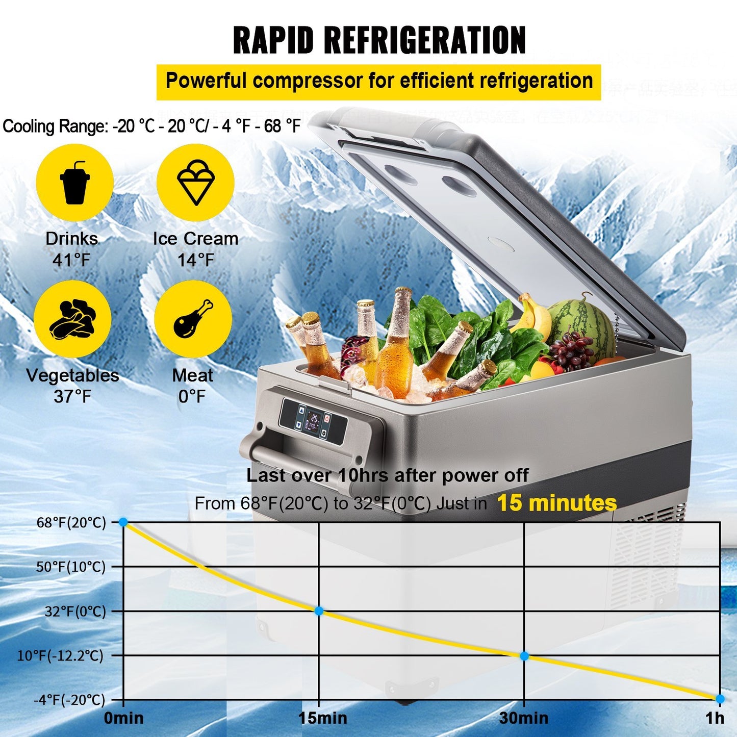 US Local 12 Volt Refrigerator 45L(48qt) Fast Cooling Portable Freezer With App Control(-4¨H~68¨H) Car Fridge With 12/24v DC & 110-240v AC For Travel, Camping And Home Use, 48 Quart, Black