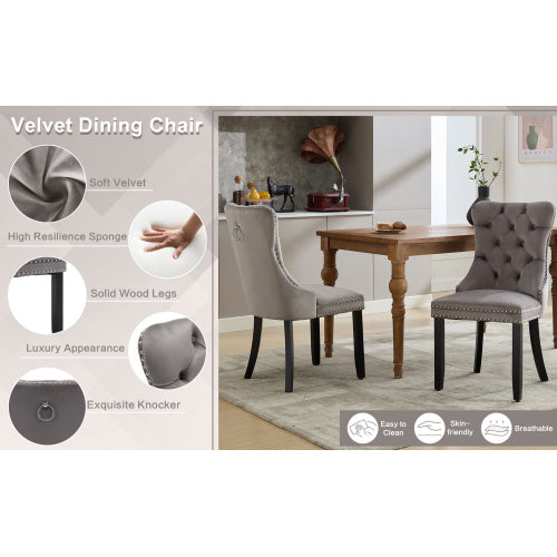 UK Local Modern Set Of 2 Upholstered Velvet Dining Chairs, Button Tufted Kitchen Lounge Chairs With Brushed Wood Legs, Riveted Trim And Knocker Ring, For Dining Room Living Room