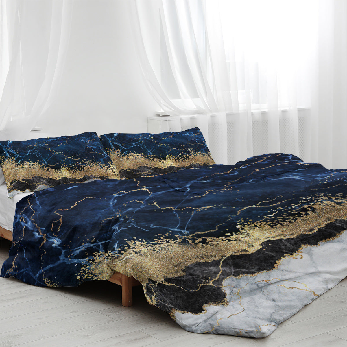 US & UK Local Chic Marble Bedding White Marble Gilded Navy Blue Duvet Cover Set Trendy Printed Design Bed Quilt Cover Set King 1 Duvet Cover 2 Pillowcases
