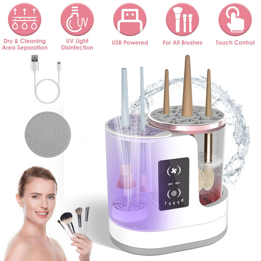 US Local 4 In 1 Electric Makeup Brush Cleaner USB Powered Automatic Brush Blender Machine With Timer Digital Display Cleaning Drying UV Disinfection Brush Storage For All Types Of Brushes