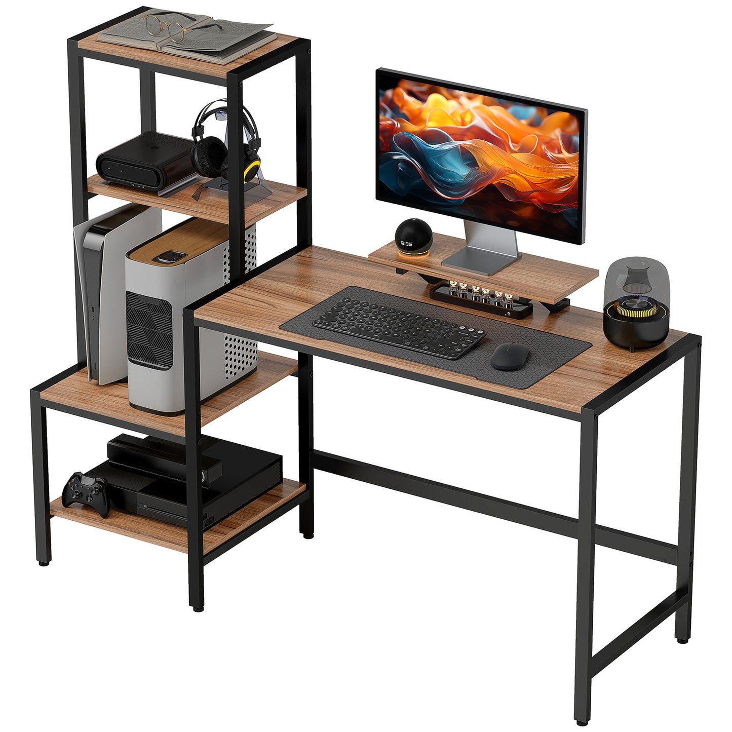 US Local Computer Desk, 59 CPU Desk With Monitor Stand, Reversible 4-Tier Shelf, Industrial Writing Desk For Study Room, Brown