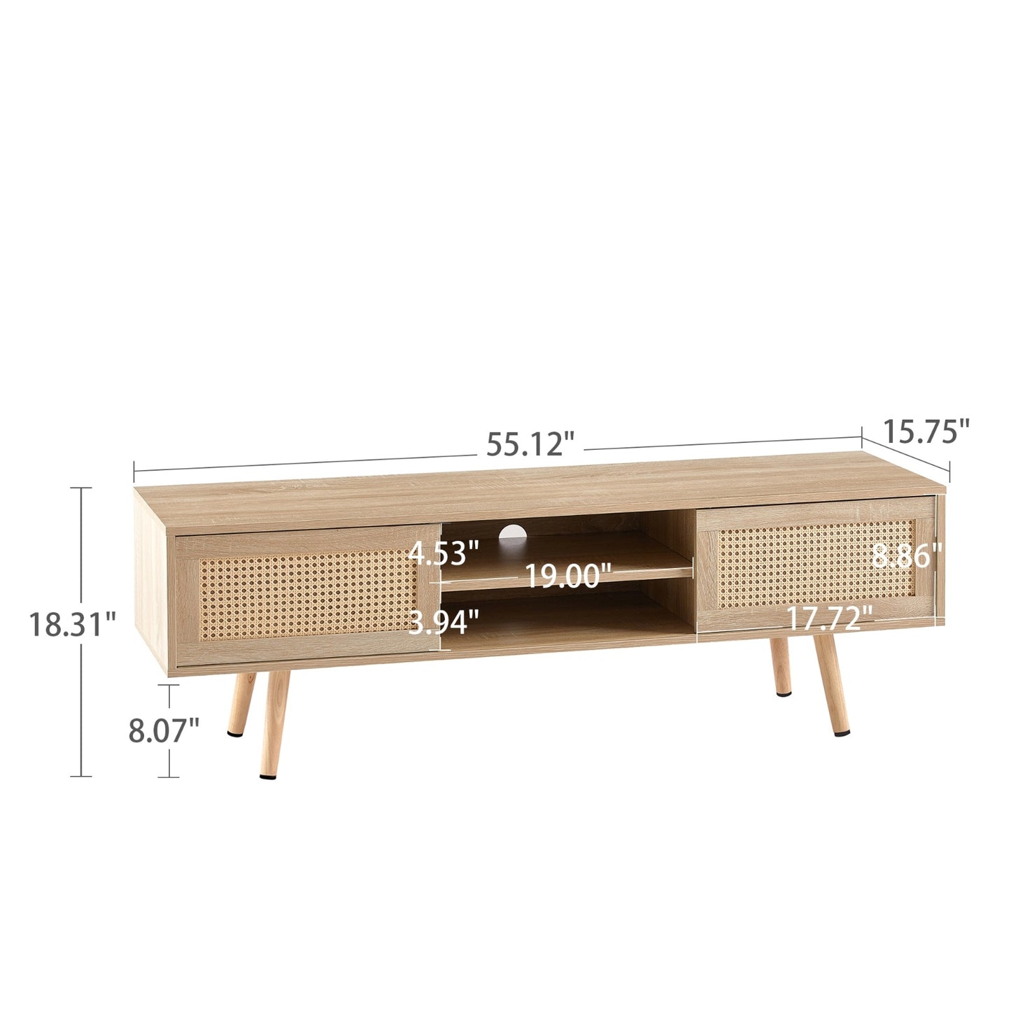 US Local 55.12  Rattan TV Cabinet With Sliding Doors  Adjustable Shelf   Solid Wood Legs
