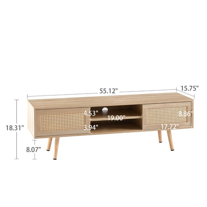 US Local 55.12  Rattan TV Cabinet With Sliding Doors  Adjustable Shelf   Solid Wood Legs