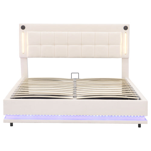 UK Local 4ft6 Double LED Hydraulic Bed With Charging Station, Adjustable Square Tufted Headboard With Intelligent Control Light, Soft Velvet Bed Frame With USB And Type - C Ports, Beige