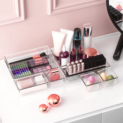 US Local 25Pcs Clear Plastic Drawer Organizers Set 4 Sizes Desk Drawer Dividers Trays Storage Bins For Vanity Cabinet Makeup Bathroom Office Kitchen Bedroom Jewelry