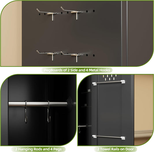 US Local Aobabo Lockable Storage Cabinet With Wheels, Metal Cleaning Tool Cabinet With Hooks, Cleaning Supplies For Broom Rack Shelf For Broom Mops Garage Storage, Black, Assembly Required