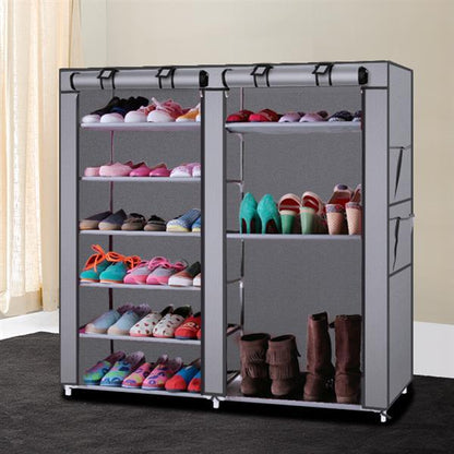 US Local 6-story Double Row 12 Grid Non-woven Fabric Shoe Cabinet Gray
