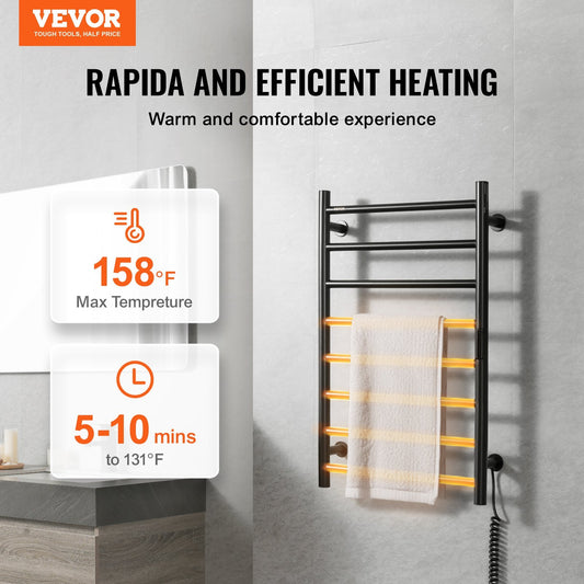 US Local VEVOR 8 Bars Towel Warmer Rack Wall Mounted Heated Towel Rack For Bathroom Black