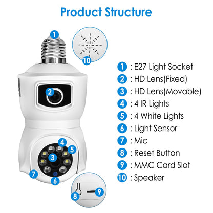 US Local 1 Pc Dual Lens Security Camera E27 Light Socket Surveillance Camera 1080P WiFi IP Camera With APP Control AI Human Detection Full Color Night Vision Two-Way Audio