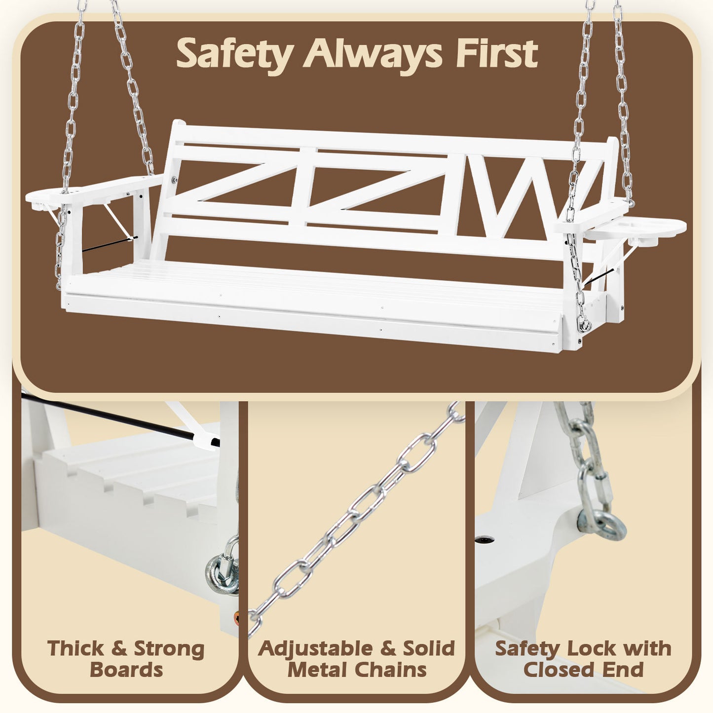 US Local Wooden Outdoor Porch Swing With 3-seat