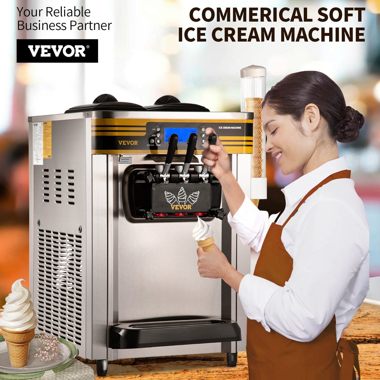 Commercial Ice Cream Maker, 22-30L H Yield, 2350W Countertop Soft Serve Machine W 2x6L Hopper 2L Cylinder LCD Panel Puffing Shortage Alarm, Silver