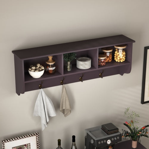 US Local Espresso Entryway Wall Mounted Coat Rack With 4 Dual Hooks Living Room Wooden Storage Shelf