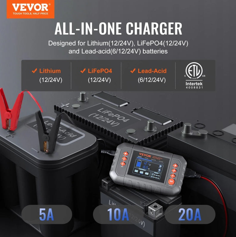 US Local VEVOR Smart Battery Charger, 20-Amp, Lithium LiFePO4 Lead-Acid AGM Gel SLA Car Battery Charger With LCD Display, Trickle Charger Maintainer Desulfator For Boat Motorcycle Lawn Mower Deep Cycle
