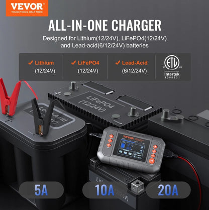 US Local VEVOR Smart Battery Charger, 20-Amp, Lithium LiFePO4 Lead-Acid AGM Gel SLA Car Battery Charger With LCD Display, Trickle Charger Maintainer Desulfator For Boat Motorcycle Lawn Mower Deep Cycle