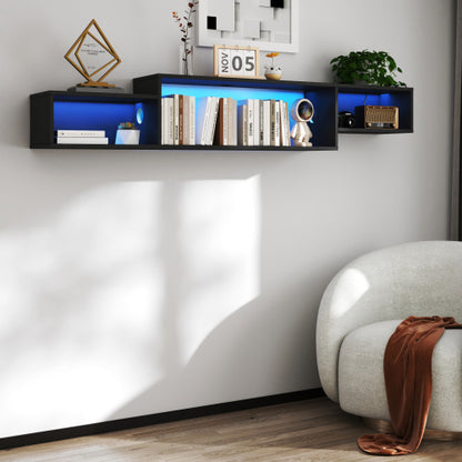 US Local 65.35in Wall Mounted Floating TV Stand With 20 Color LEDs And Charging Station