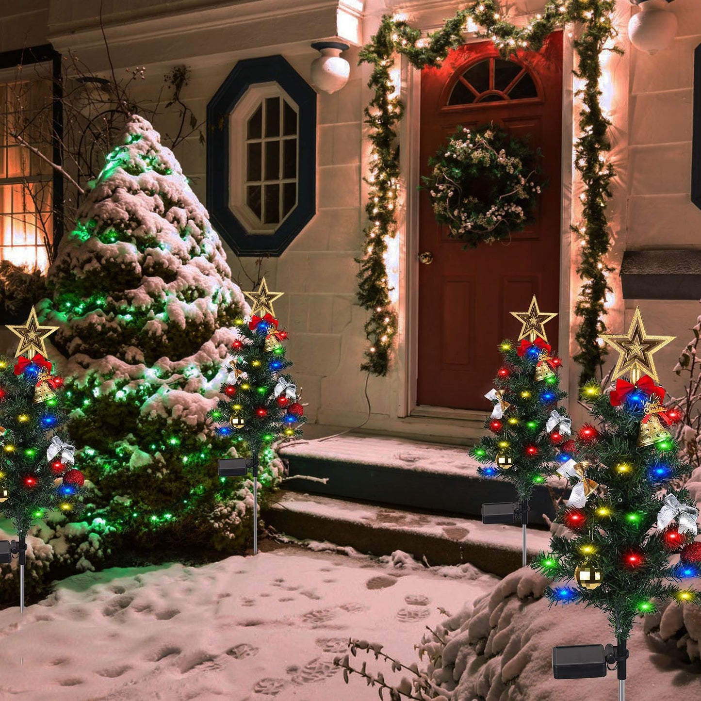 US Local 4Packs Solar Christmas Tree Lights Xmas Garden Decorations Tree Stake Lamp 20LEDs Solar Decor Light With Constant And Flashing Mode For Pathway Yard Patio Landscape