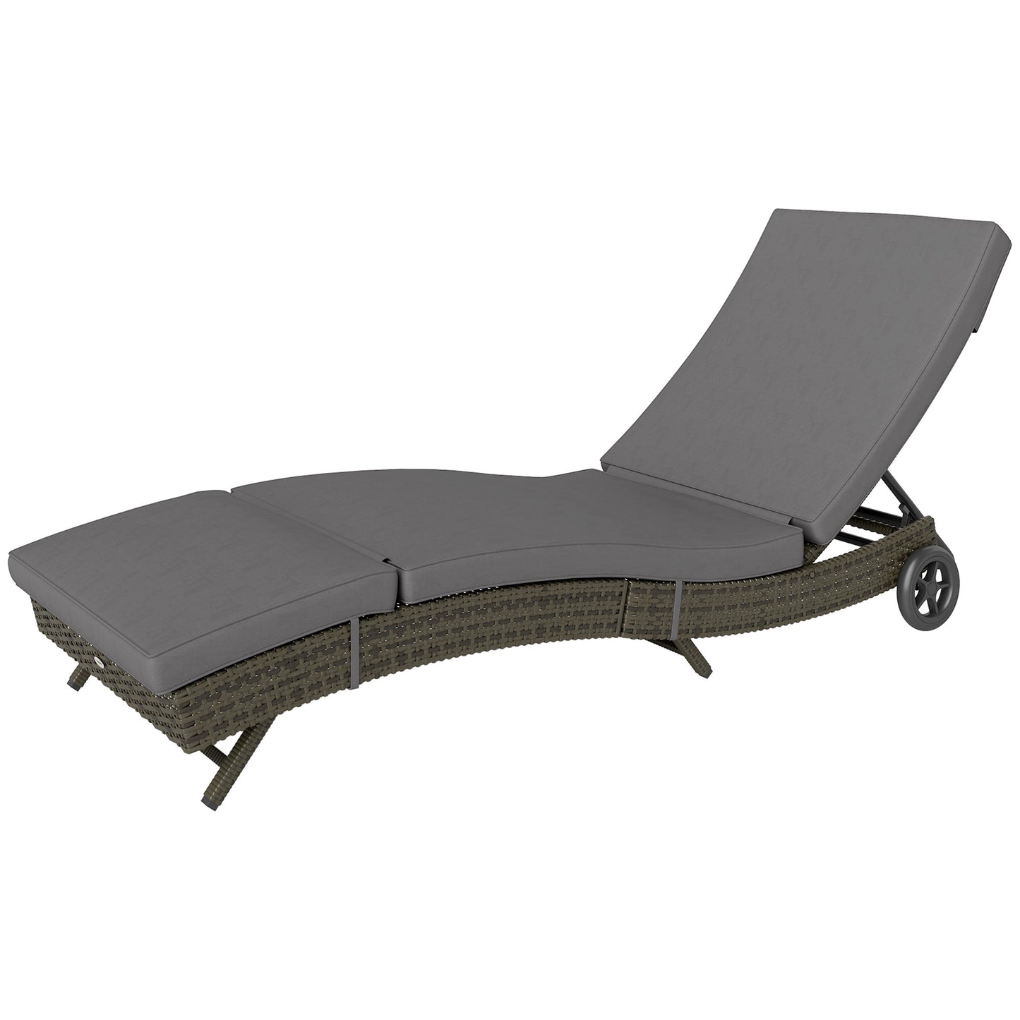 US Local Patio Wicker Chaise Lounge Chair, Outdoor PE Rattan Sun Lounger With Adjustable Backrest And 2 Wheels, Gray