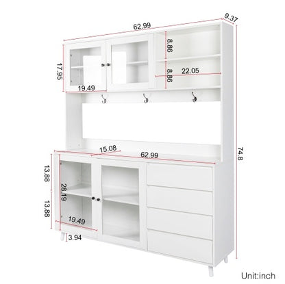 US Local 63W Large Kitchen Hutch Cabinet, Freestanding Pantry Cabinets Storage Kitchen Cupboard With 4 Doors, 4 Drawers & Microwave Shelf, White
