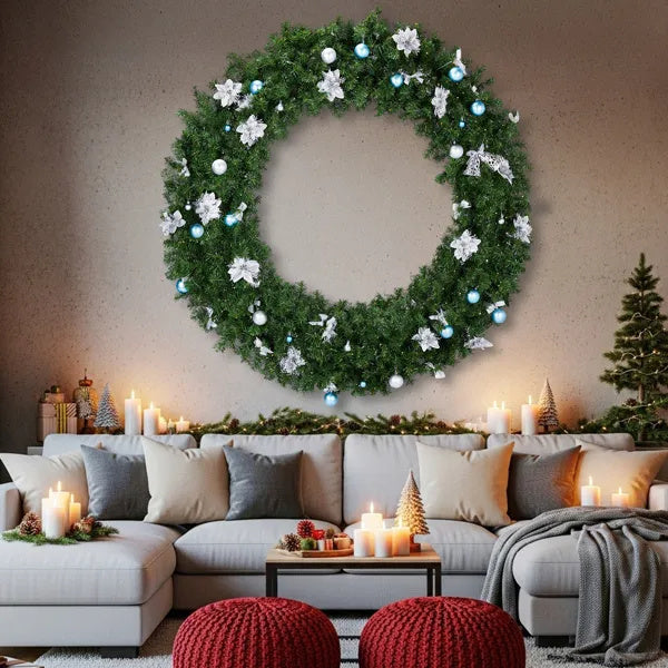 US Local 60in Pre-lit Christmas Wreath, Lighted Artificial Xmas Wreath With 220 Cold & Warm White Lights And 600 PVC Tips And DIY Ornaments, For Front Door Gate Wall Xmas Party Decorations, Light Green