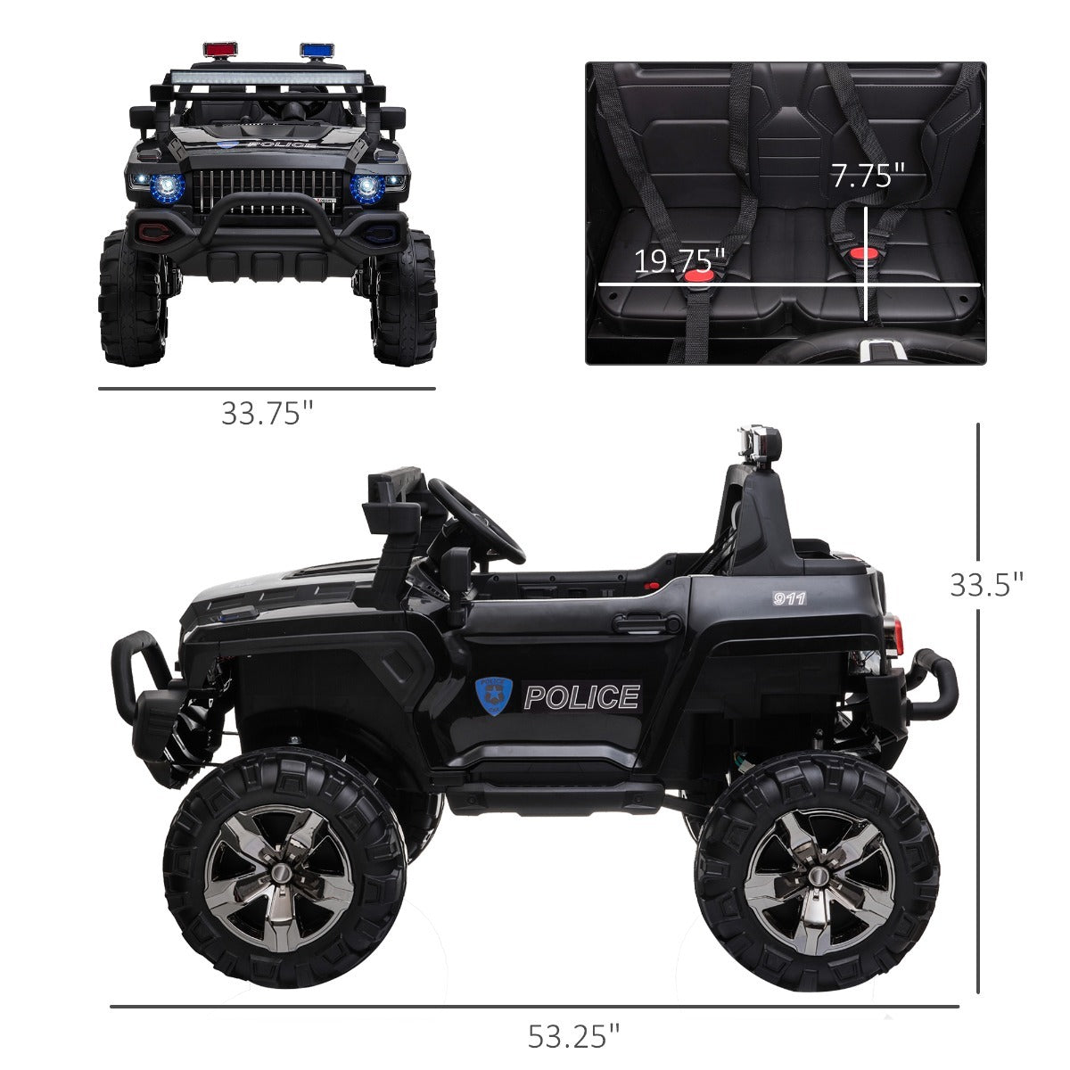 US Local 12V Electric Police Ride-on Toy For Kids LED Lights MP3 Parental Remote Black