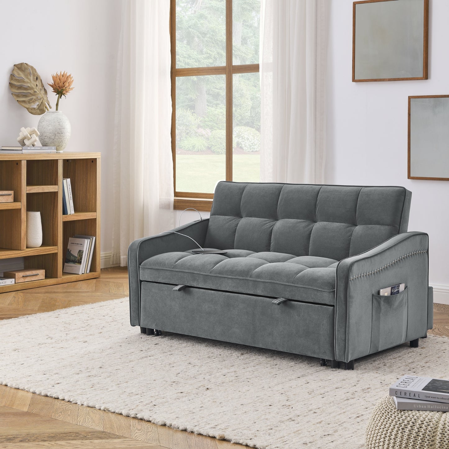 US Local Loveseat Sofa Bed Pull-out, Adjustable Back, Arm Pockets, TypeC & USB Charging
