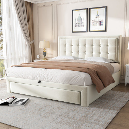 UK Local Upholstered Bed,Double Bed-4ft6135X190cm, Velvet Fabric, Double Bed, Large Storage Space,With Slats And Headboard,Without Mattress,Cream