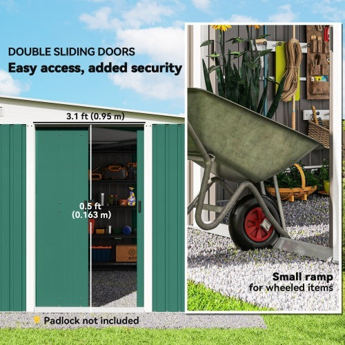 UK Local Outsunny Garden Metal Storage Shed Outdoor Metal Tool House With Double Sliding Doors And 2 Air Vents, 11.3x9.2ft, Green