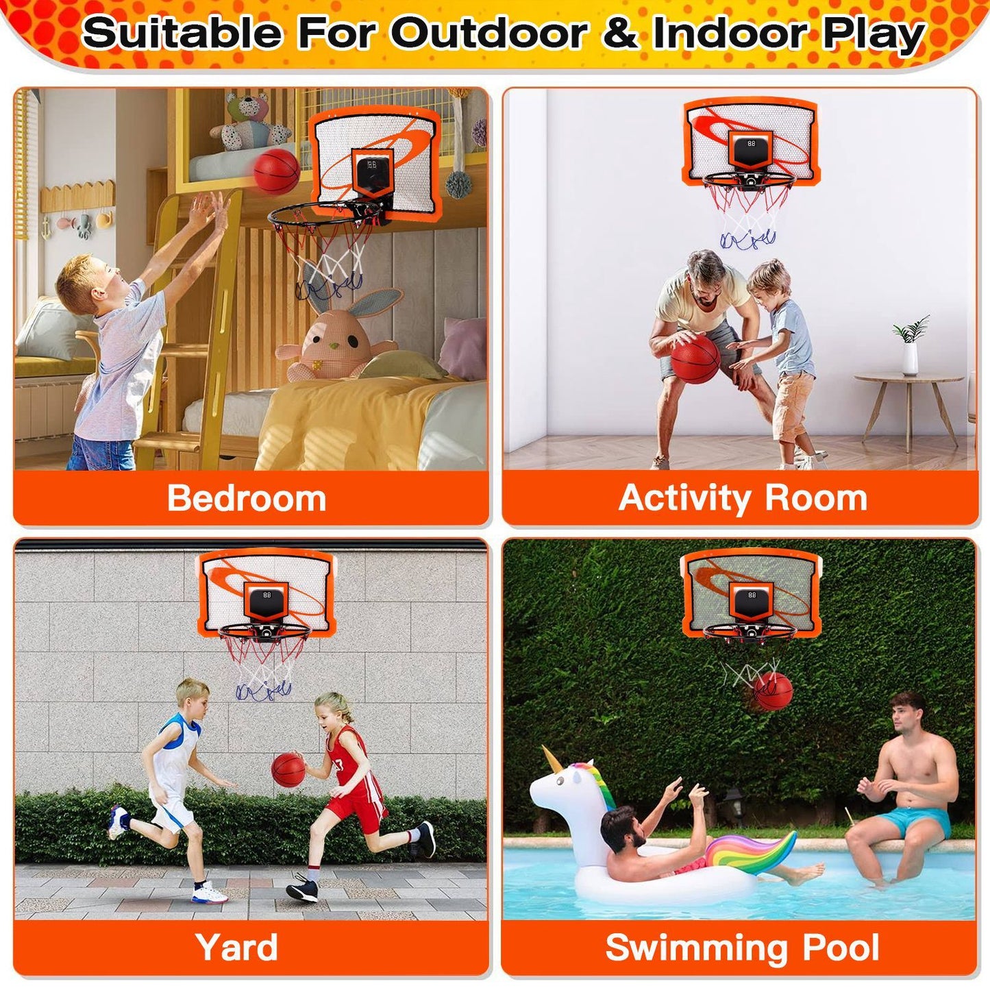 US Local 1Set Indoor Mini Basketball Hoop Set Over Door Basketball Hoop With 4 Inflatable Balls Electric Audio Scorer Foldable Basket Gift For Kids And Adults
